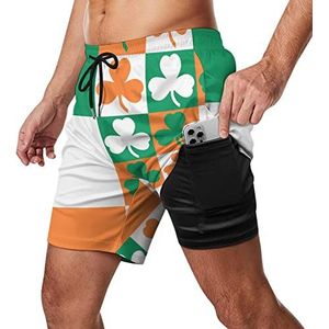 Ierland Vlag Shamrock Clover Heren Zwembroek Sneldrogend 2 in 1 Strand Sport Shorts met Compressie Liner En Pocket