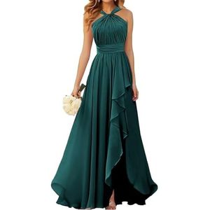 Halter Prinses Bruidsmeisjes Jurken Geplooide Galajurken Ruche Chiffon Split Formele Avond Party Gown ZM212, Turkoois, 38