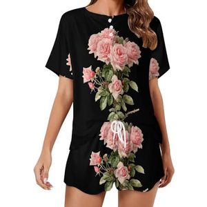 Roze Rozen Bloemen Zachte Womens Pyjama Korte Mouw Pyjama Loungewear met Zakken Gift voor Thuis Strand 2XL