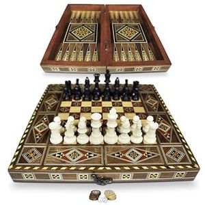 Nieuw 30 x 30 cm houten backgammon tavla/schaakspel/DAMA, Tavla, origineel ingelegd kunsthandwerk handgemaakt, bord BK 301F met 30 houten backgammon stenen en incl. plastic schaakfiguren