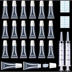 AMORIX 50 stuks lipgloss tubes 5 ml witte dop lipgloss containers lege lippenbalsem tubes cosmetische lipgloss tubes + 2 x 20 ml spuiten tag labels voor doe-het-zelf lipgloss base glitter