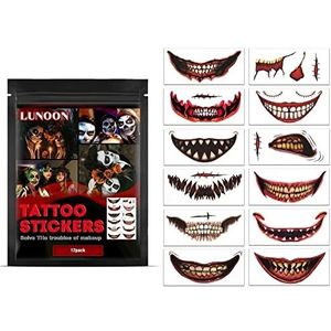 2 Pcs Halloween grap make-up tijdelijke | 12 vellen horrorfilm litteken stickers clown mond stickers,Gepersonaliseerde tijdelijke tatoeages Halloween-feestgunsten voor