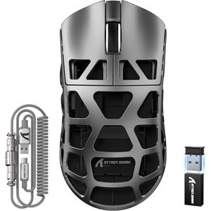 ATTACK SHARK R3PRO 46g SUPERLIGHT Muis van Magnesiumlegering, 8000Hz Draadloze Pollingsnelheid, 26000DPI, 2.4G/BT/Bedrade Gamingmuis, PixArt PAW3395, Programmeerbare, Spiraalkabel, PC/Mac, Grijs