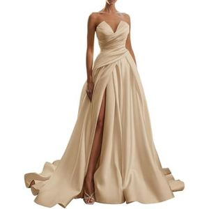 BRIGOW Satijn Strapless Trouwjurken voor Vrouwen met Split Formele Avondjurk voor Bruiloft Gast Plus Size, Champagne, 32