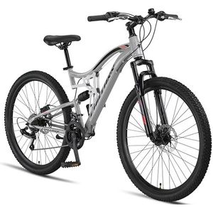 Chillaxx Bike Falcon Premium Mountainbike, 27,5 inch, fiets voor jongens, meisjes, dames en heren, schijfrem, 21 versnellingen, volledige vering (grijze schijfrem, 27,5 inch)