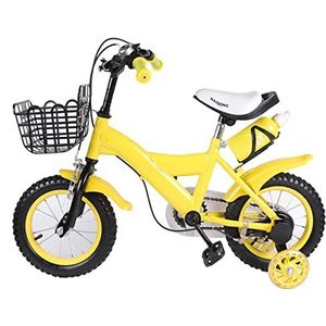 Souluk 12 inch kinderfiets met steunwielen en opbergmand met twee remmodi en stabilisatoren voor kinderen (geel)