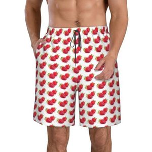 JIAWUJYNB Aardbeienprint strandshorts voor heren, lichtgewicht, sneldrogend, zwembroek met trekkoord en zakken, Wit, S