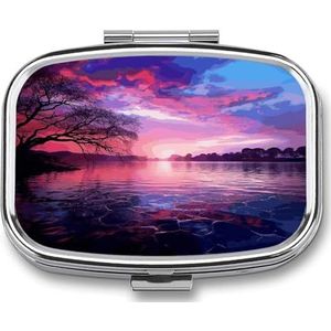 Paarse Zonsondergang op Water Pillendoos Pil Organizer Pil Case 2 Compartiment Geneeskunde Pil Organizer Kleine Pil Case Pil Container Pillenhouder Leuke Pillendoos Mini Pillendoosje