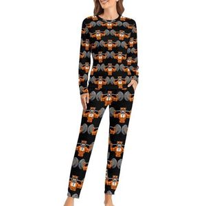 Tijger Gewichtheffen Een Barbell Zachte Dames Pyjama Lange Mouw Warm Fit Pyjama Loungewear Sets met Zakken 6XL