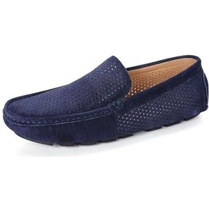 Heren loafers ronde neus suède vamp geperforeerde rijstijl loafer platte hak flexibele comfortabele prom slip-on (Color : Deep Blue, Size : 40 EU)