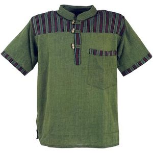 Guru-Shop, Nepal Fishermanshirt, Gestreept Goa Hippie Shirt met Korte Mouwen, Olijf, Katoen, Size:M, Shirts