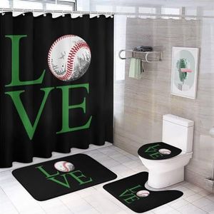 Love Baseball Ball 4 stuks badkamer sets met douchegordijn toilet deksel cover en tapijten