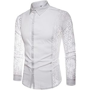 Effen colorThrough Bloemen Kant Sheer Blouse Lange Mouwen Button Down Shirts Heren DressShirts Lange Mouwen Luxe Shirt Regular Fit Casual Werk Party Heren FashionShirts Ademend Top Blouse, A-wit, S