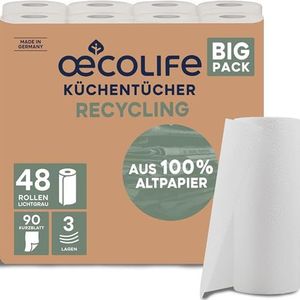 oecolife RECYCLING Keukendoeken, 48 rollen à 100 vellen, korte vellen, keukenrollen, plasticvrij, duurzaam, huishoudrollen, multifunctionele doeken, papieren handdoeken, keukenpapier