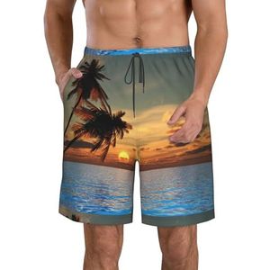 Sunset Palm Tree Ocean Print strandshorts voor heren, lichtgewicht, sneldrogend, trekkoord zwembroek met zakken, Wit, XL