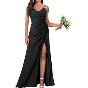 Zeemeermin bruidsmeisjesjurken voor dames, lange chiffon formele jurk, avondjurk met split, Zwart, 38