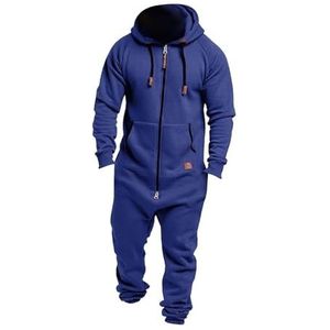 EflAl Onesie jumpsuit met capuchon voor heren, extra grote rompers met ritssluiting, ongedwongen effen kleur, eendelig joggingpak, nachtkleding (Kleur: blauw. Maat: 5XL)