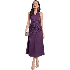 jurken voor dames Jurk met halternek en ruches aan de voorkant - Elegante mouwloze lange jurk in A-lijn (Color : Purple, Size : L)