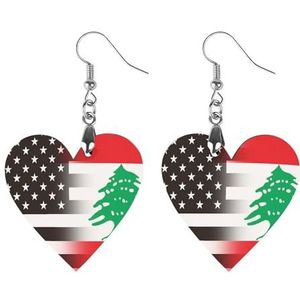 Zwart En Wit USA Libanon Vlag Leuke Hartvormige Hanger Oorbellen Voor Vrouwen Lichtgewicht Houten Oorbellen Mode-sieraden Geschenken