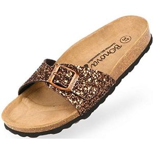 BOnova Damessandalen Teneriffa in 10 kleuren, modieuze sandaal met één riem en kurkvoetbed, comfortabele sandalen om je goed te voelen, gemaakt in de EU, Glitter brons, 39 EU