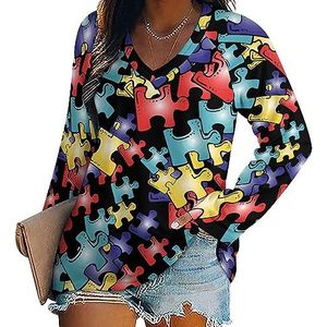 Autisme Pieces Casual T-shirts met lange mouwen voor dames, V-hals, bedrukte grafische blouses, T-tops, M