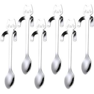 WUDQIJI Theelepel dessertlepel 6 stuks 12 cm katten koffielepels latte macchiato lepel roestvrij staal koffielepel espressolepel kleine lepel set voor huishoudens restaurants kantines (zilver)