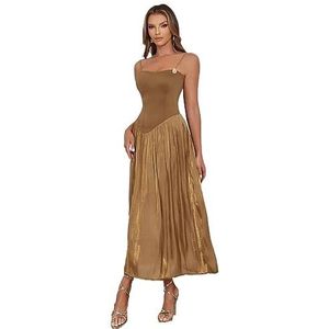 jurken voor dames Elegante effen cami-jurk met spaghettibandjes, hoge taille en wijd uitlopende zoom (Color : Brown, Size : M)