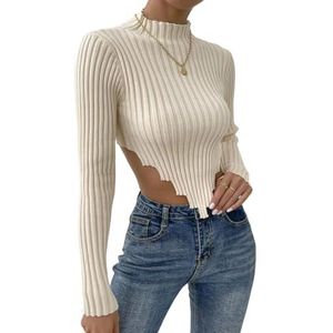 GKEIOSHQIL Dames Sexy Cropped Trui Lange Mouwen Slim Fit Onregelmatige Zoom Effen Basis Casual Pullover Tops,Beige,L