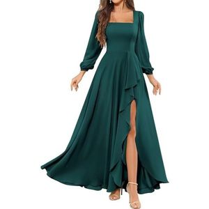 HPPEE Bruidsmeisjesjurken met lange mouwen en split ruches vierkante hals chiffon formele avondjurk, Turkoois, 56 NL/Plus