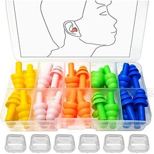 BITEFU 40 stuks siliconen oordopjes, waterdichte oordopjes voor zwemmers, gehoorbescherming, oordopjes voor vliegtuigen, slapen, met draagbare box (5 kleuren, 20 paar)