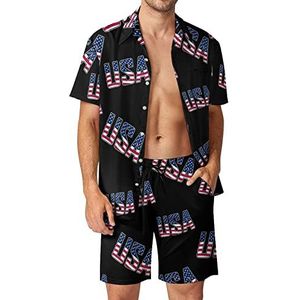 USA Woord of tekst met Amerikaanse vlag mannen Hawaiiaanse bijpassende set 2-delige outfits button down shirts en shorts voor strandvakantie