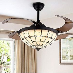 42"" Tiffany-stijl plafondventilator met licht, mediterrane vintage dimbare LED-kroonluchterventilator afstandsbediening met intrekbare bladen 3 kleuren 3 snelheden voor slaapkamer woonkamer (zwart)