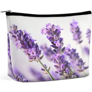 JKLQWH Lederen make-up tas waterdichte cosmetische tas voor vrouwen lavendel bloem open platte toilettas draagbare tas met rits make-up organizer case voor reisaccessoires, lavendel bloem, 6,8 × 2,3