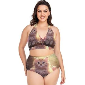 Leuke Baby Kat Kitten Vrouwen Bikini Sets Plus Size Badpak Twee Stukken Hoge Taille Strandkleding Meisjes Badpakken, Pop Mode, 3XL