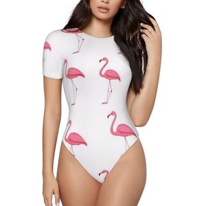 KHDKLXOHZ 3d flamingo's op witte damesbodysuits - shapewear met korte mouwen, ronde hals, rekbare basic T-shirt tops, casual slim comfortabele pasvorm turnpak-onesie, 3d, S
