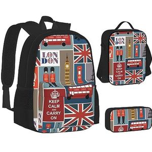 BONDIJ Engelse Bulldog rugzakken voor school met lunchbox etui, waterbestendige tas voor jongens meisjes leraar geschenken, Engeland Symbolen, Eén maat