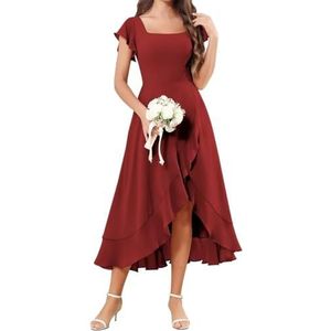 Korte Mouw Bruidsmeisje Jurken voor Bruiloft Hoge Lage Chiffon Formele Avond Party Maxi Gown Thee Lengte AH157, Bordeaux, 32