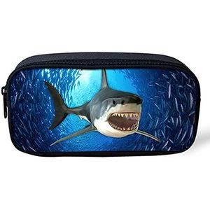 Poceacles 3D Shark Print Blauwe Pouch Bag voor School Jongens Meisjes, Grote Capaciteit Potlood Case Kids Potlodenbak Zip Reizen Draagbare Cosmetische Tas