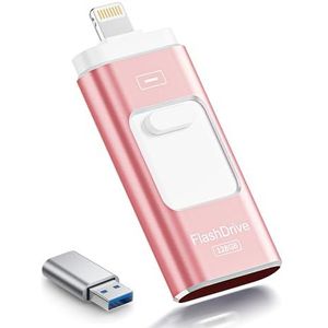 ROSPE 3-in-1 USB Stick 128GB – MFi-gecertificeerde Lightning & USB-C Flashdrive voor iPhone/iPad/Android/PC, USB 3.0 hoge snelheid, externe opslaguitbreiding, rozenroze
