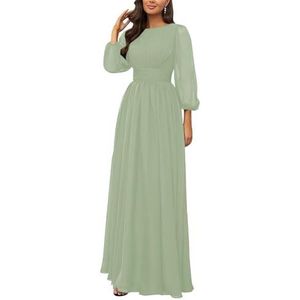 KURFACE Bruidsmeisjesjurken met lange mouwen, geplooide ronde hals, chiffon, bruidsmeisje, formele avondjurk, Sage Groen, 32