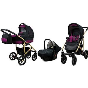 BabyLux Largo 3 in 1 Baby Reis Systeem Kinderwagen Autostoel Afneembare Regenhoes Voetenzak Dragende Wielen Pasgeborene tot Baby Black Purple Gold Frame
