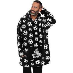 ThePyjamaFactory Heren Eat Sleep Football Zwart-wit Volledig Gevoerde Luxe Fleece Hoodie, Oversized Fleece Deken Hoody, Zwart, One size