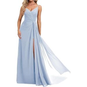 Prinses Bruidsmeisjes Jurken Spaghetti Bandjes Galajurken Chiffon Formele Avondfeest Maxi Jurk met Split ZM210, Lavendel, 32