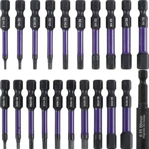 Foppla 20 stuks Impact Hex Head Allen Wrech Drill Bit SET SAE en metrisch S2 -staallegeringsstaal bit-kit, magnetisch, 1/4 inch (21 stuks, paars-zwart)