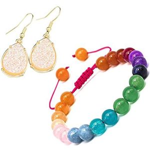 Kleurrijke Onyx Kralen Verstelbare Armband 7 Chakra's Helende Kristallen Armband en Faux Druzy Drop Oorbellen Crystal Hanger Dangle Oorbellen, Sieraden Gift voor Meisje Vrouwen