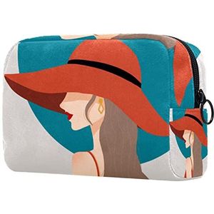 Meisje in rode hoed print reizen cosmetische tas voor vrouwen en meisjes, kleine make-up tas rits zakje toilettas organizer, Meerkleurig, 18.5x7.5x13cm/7.3x3x5.1in, Modieus