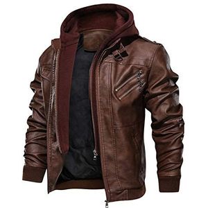 moxishop Winterjas voor heren, kunstleren jas, bikerjack met capuchon, biker, motorjas, overgangsjas, afneembare capuchon, Bruin - A, L