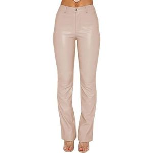 Dames Imitatieleren Hoge Taille Leggings Rekbare Casual Panty's Skinny Broeken Stretch Push Wijde Pasvorm Petite Bootcut Leg PU Leren Flare Met Zakken(Beige,XL)
