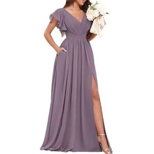 Chiffon bruidsmeisjesjurken voor dames, voor bruiloft, met split, avondgalajurken, cocktailjurken, grote maten, Wisteria, 32