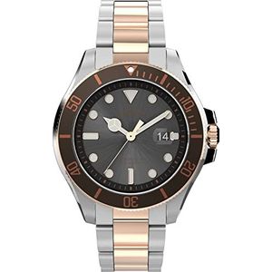 Timex Harborside Coast 43 mm herenhorloge - blauwe wijzerplaat en topring met tweekleurige kast en roestvrijstalen armband, Tweekleurig/Zwart/Rose Goud-tone, armband